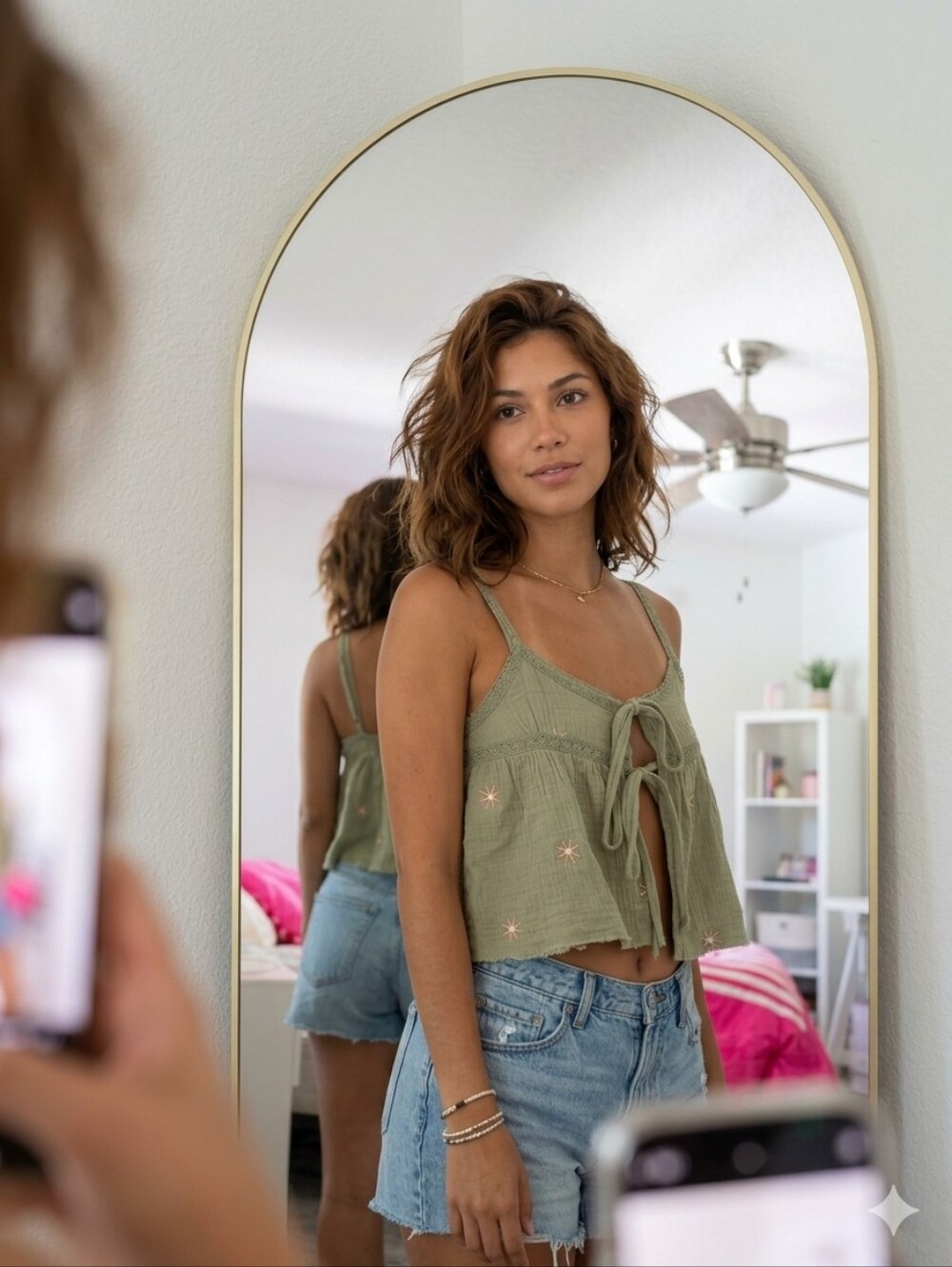 So Me Sage Green Embroidered Tie-Front Camisole